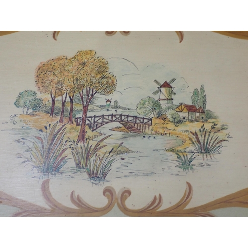 74 - A reproduction painted Chest of three long Drawers, the top with painted Country Scene signed M. Cor... 