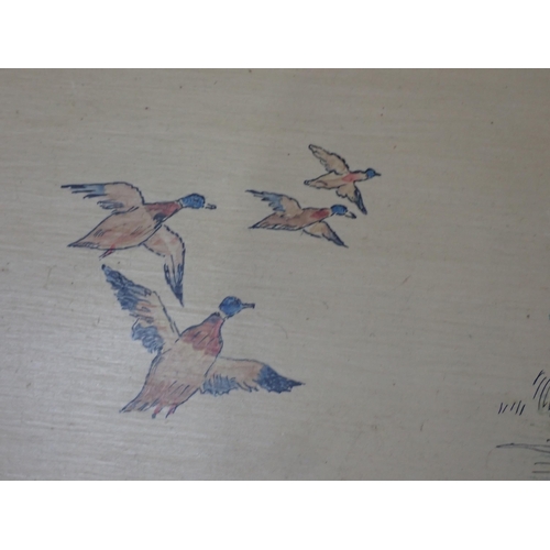 74 - A reproduction painted Chest of three long Drawers, the top with painted Country Scene signed M. Cor... 