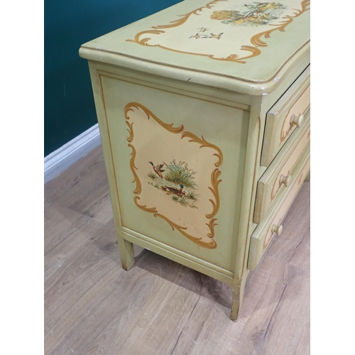 74 - A reproduction painted Chest of three long Drawers, the top with painted Country Scene signed M. Cor... 