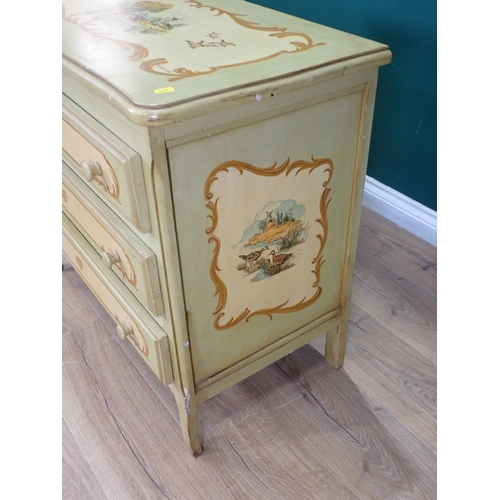 74 - A reproduction painted Chest of three long Drawers, the top with painted Country Scene signed M. Cor... 