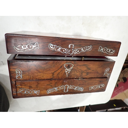 94 - A Victorian rosewood Work Box, having mother-of-pearl inlay, interior tray and compartments, drawer ... 