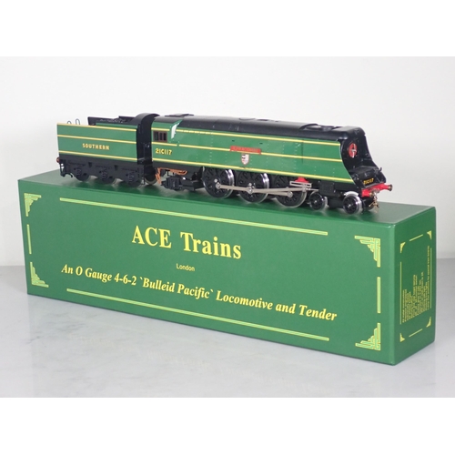 1074 - A boxed Ace Trains 0 gauge 4-6-2 Bulleid Pacific Locomotive and Tender in S.R. malachite green liver... 