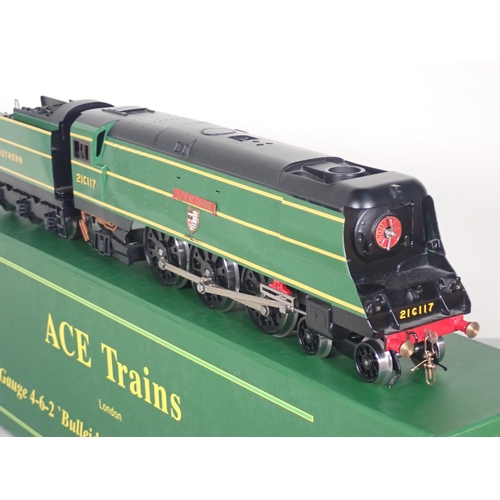 1074 - A boxed Ace Trains 0 gauge 4-6-2 Bulleid Pacific Locomotive and Tender in S.R. malachite green liver... 