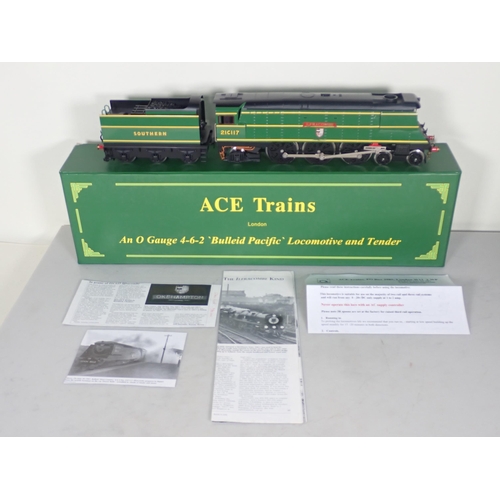 1074 - A boxed Ace Trains 0 gauge 4-6-2 Bulleid Pacific Locomotive and Tender in S.R. malachite green liver... 