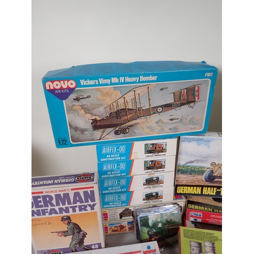 1160 - A box of plastic Military Vehicle, Aircraft and Railway Wagon Kits and Figures including Airfix, Mat... 