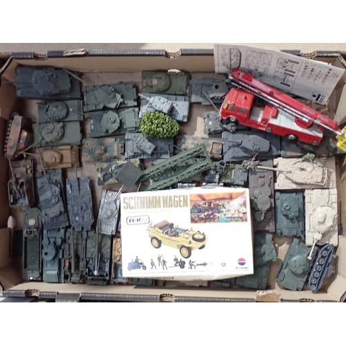 1167 - A box of kitbuilt 1:76 scale Militay Vehicles, a box of plastic kit built Locomotives and Building a... 