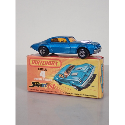 1192 - Five boxed Matchbox Superfast 75 Models including No.4 Pontiac Firebird, No.14 Mini Ha-Ha, No.29 Tra... 