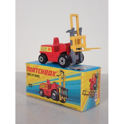 1193 - Five boxed Matchbox 75 diecast Models including No.15 Forklift Truck, No.17 The Londoner, No.65 Airp... 