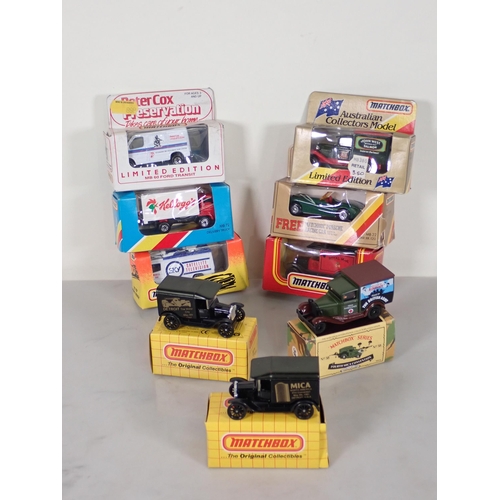 1202 - Nine boxed Matchbox Models including MB-22 Jaguar XK-120, MB44 Royal Mail Van, Mica Convention 1989 ... 