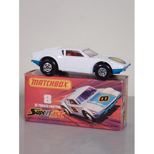 1210 - Five boxed Matchbox Superfast and 75 diecast Models including No.8 De Tomaso Pantera, No.25 Flat Car... 