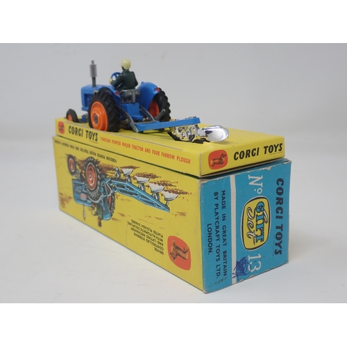 1332 - A boxed Corgi Toys No.13 Gift Set Fordson Power Major Tractor and four furrow Plough