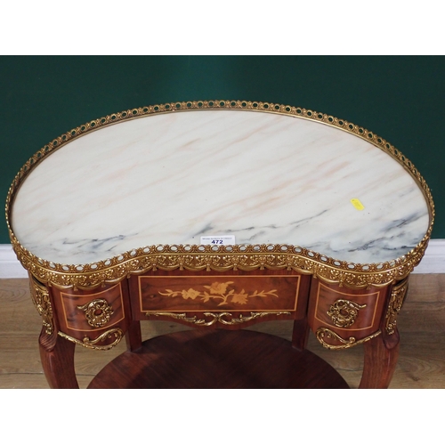 60 - A Louis XVI style kingwood and walnut veneered kidney shaped Table with gilt metal gallery and marbl... 