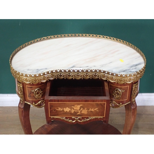 60 - A Louis XVI style kingwood and walnut veneered kidney shaped Table with gilt metal gallery and marbl... 