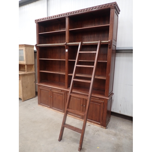 1 - A reproduction oak three section Library Bookcase & Ladder the top sections fitted with shelves, abo... 
