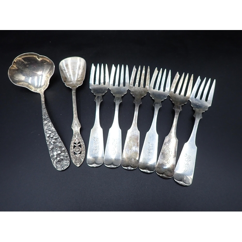 103 - Six sterling silver Cocktail Forks, fiddle pattern, engraved initials, a Ladle with floral stem and ... 