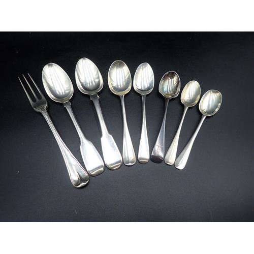 121 - A Victorian silver three prong Fork, London 1894, an Egg Spoon, London 1877, three Spoons with rat-t... 