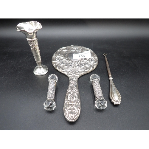 133 - A pair of Edward VII silver mounted glass Knife Rests, Birmingham 1904, a silver Spill Vase, Birming... 