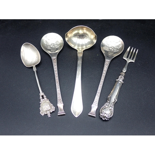 138 - A Georg Jensen silver small double lipped Ladle, import mark London 1928, a pair of Christmas Spoons... 