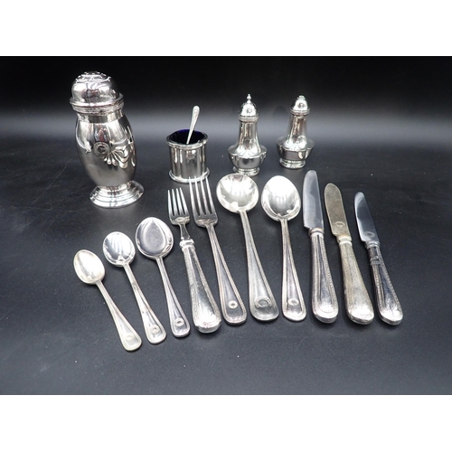 142 - A Mappin & Webb silver plated Union Castle Line Sugar Sifter, a three piece Condiment Set, and a ten... 