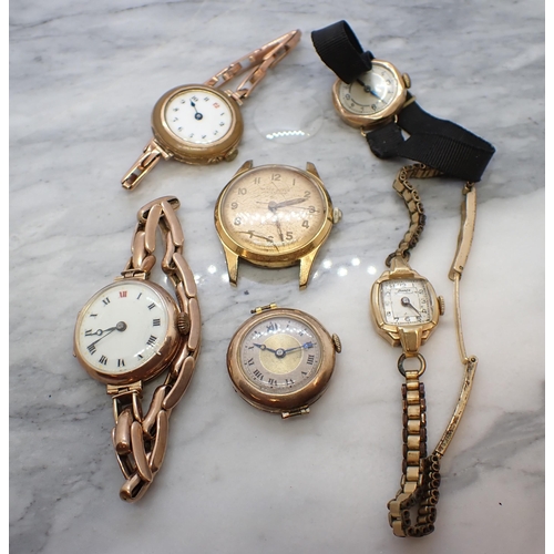 158 - Two lady's Wristwatches in 9ct gold cases, another marked 14ct and three other watches