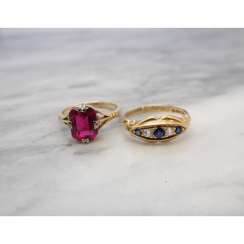 161 - An 18ct gold Ring claw-set scissor-cut synthetic ruby, ring size K and a Victorian Sapphire and Diam... 