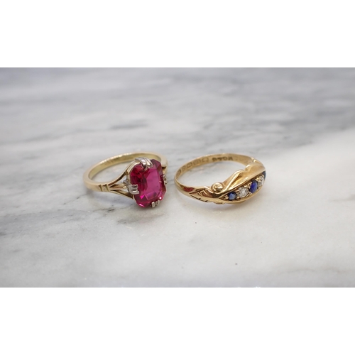 161 - An 18ct gold Ring claw-set scissor-cut synthetic ruby, ring size K and a Victorian Sapphire and Diam... 