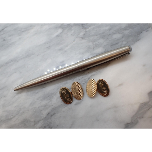 179 - A pair of 9ct gold Cufflinks engraved initials, approx 4.70gms and a ballpoint Pen A/F