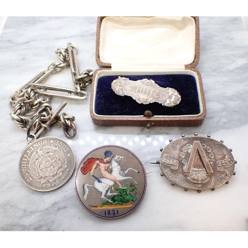 180 - A silver Watch Albert with South African half-crown Fob, a Georgian Crown mounted as a Brooch and tw... 