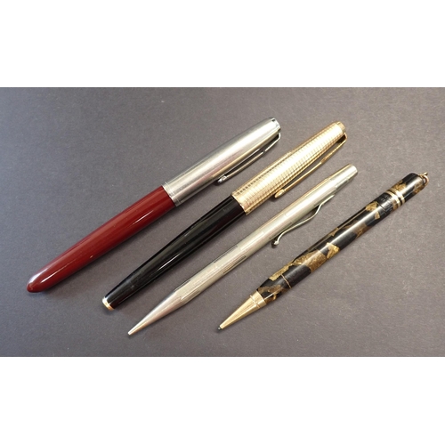 198 - Two Parker Fountain Pens, a Conklin Endura Symetric propelling Pencil and a Yard-o-led propelling Pe... 