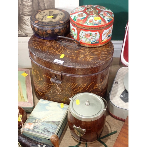 232 - A painted Hat Tin, an oak Biscuit Barrel, assorted advertising Tins, a 