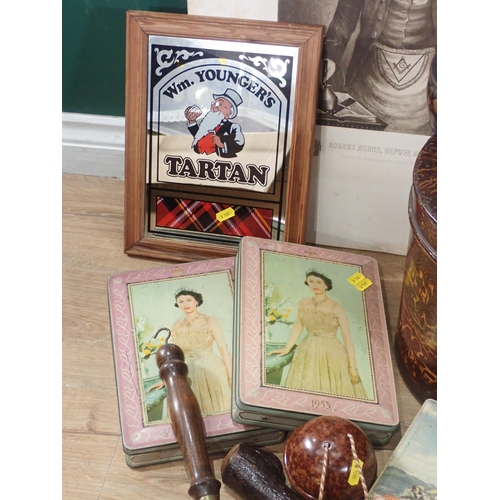 232 - A painted Hat Tin, an oak Biscuit Barrel, assorted advertising Tins, a 