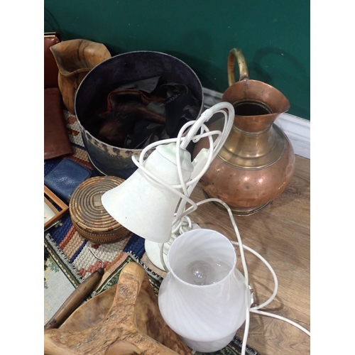 239 - A quantity of items including a cast iron Kettle, a wooden Bowl, a brass Wall Light, (passed PAT), a... 