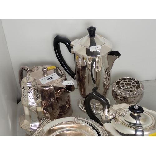 313 - A Qty of plated items including Muffin Dish, Caster, Tray, Bowls, Teapots, Coffee Pot etc