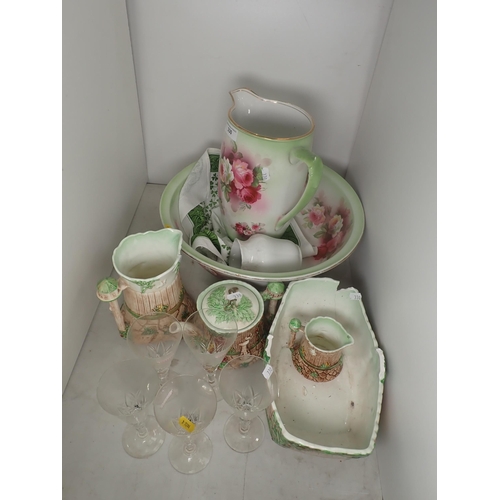 330 - A Toilet Set, four pieces of Sylvac china, (one A/F), and five Glasses