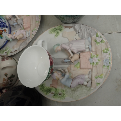 356 - A quantity of porcelain and pottery including fish Jugs, Candelabra, a Teapot, a Biscuit Barrel, etc