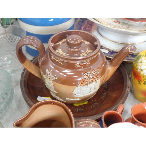 361 - A reproduction Cornish ware Jar and Cover and matching Jar, a Royal Doulton stoneware Teapot, Vases,... 