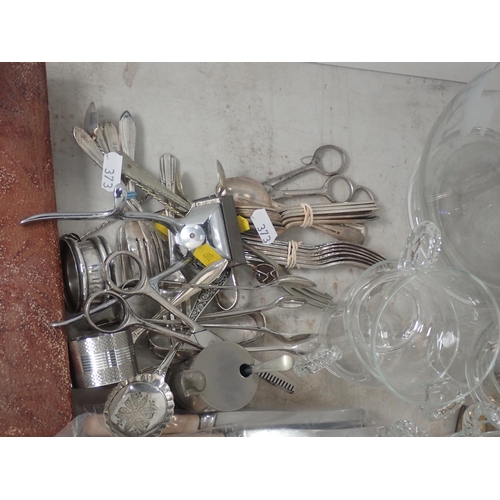 373 - A brass Paraffin Lamp, a glass Punch Bowl and Cover and Glasses, plated ware, etc