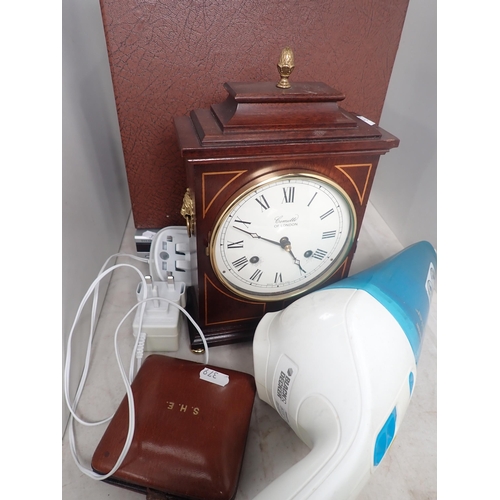 379 - A Slide Projector in case, a Dust Buster, a folding Travel Clock, a Mantel Clock, a DVD player, (fai... 