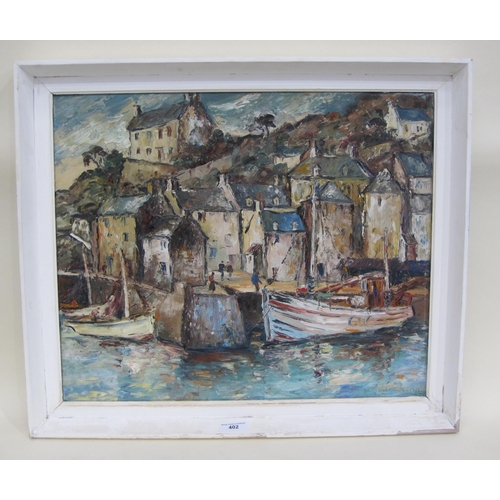 402 - GEORGE HANN. A coastal village, signed, oil on canvas, 24 x 28in