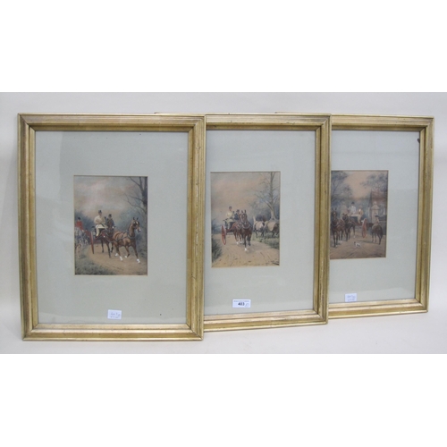 403 - AFTER GEORGE WRIGHT. Coaching subjects, coloured prints, 8½ x 6in; a set of three (3)