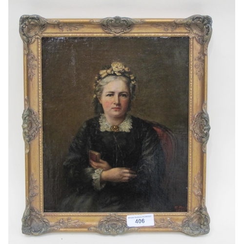 406 - ROSE MEAD. Portrait of a Lady ,holding a book, signed and indistinctly dated, oil on canvas, 12 x 9½... 