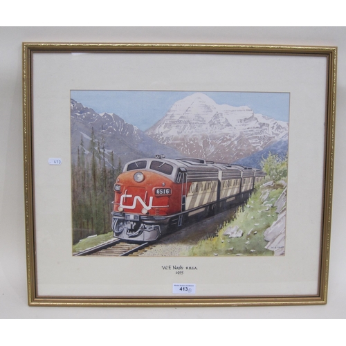 413 - W.F. NASH. A train on a mountain railway, signed, watercolour, 15 x 17in; and two pencil sketches by... 