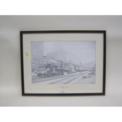 413 - W.F. NASH. A train on a mountain railway, signed, watercolour, 15 x 17in; and two pencil sketches by... 