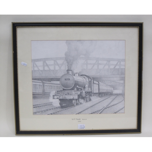 413 - W.F. NASH. A train on a mountain railway, signed, watercolour, 15 x 17in; and two pencil sketches by... 