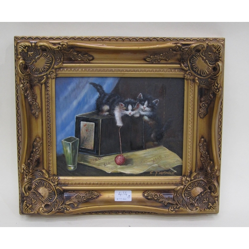 414 - LATE TWENTIETH CENTURY SCHOOL. A kitten, oil on panel, 7 x 5in; another twentieth century panel depi... 