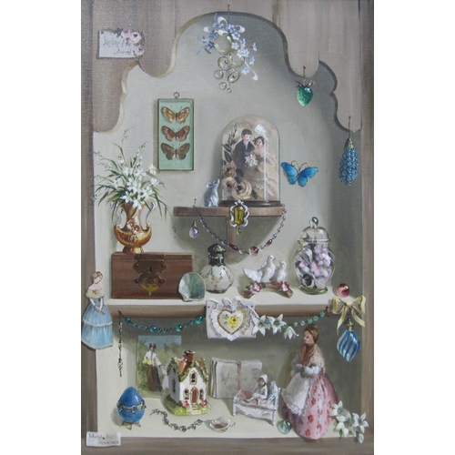 426 - DOROTHY JONES. Cupboard with Rockingham Cottage, signed, oil on canvas, 30 x 20in