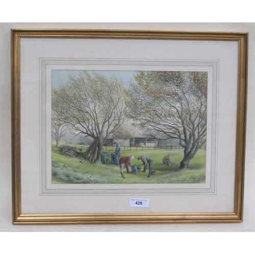 428 - JAMES LAW. 'Apple Time', signed and dated '83, watercolour, 12 x 16in; an engraved Map of Herefordsh... 