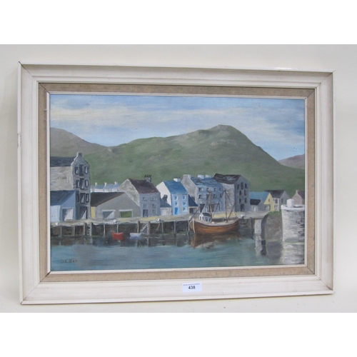 438 - D.E. BELL. Buildings at a harbourside, signed, oil on canvas, 20 x 26in; together with a miscellaneo... 