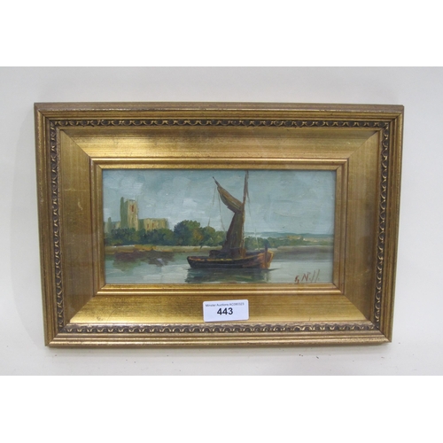 443 - G.N.H. A Barge on a River, an abbey beyond, oil on board, 4½ x 9½in; together with a miscellaneous c... 