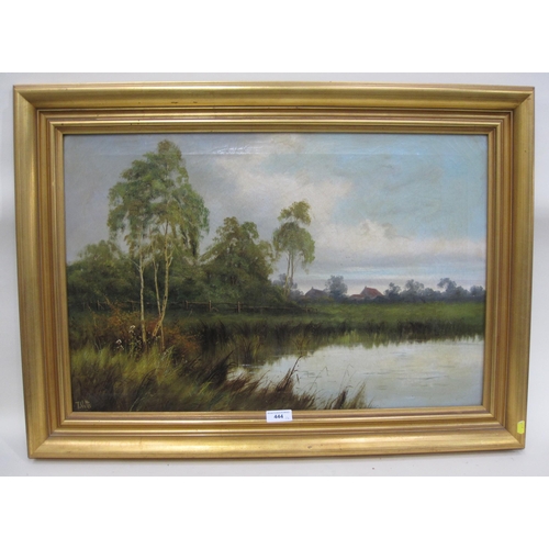 444 - T. WATTS. A tranquil river landscape, signed, oil on canvas, 26 x 36in; and an oil by William Morris... 